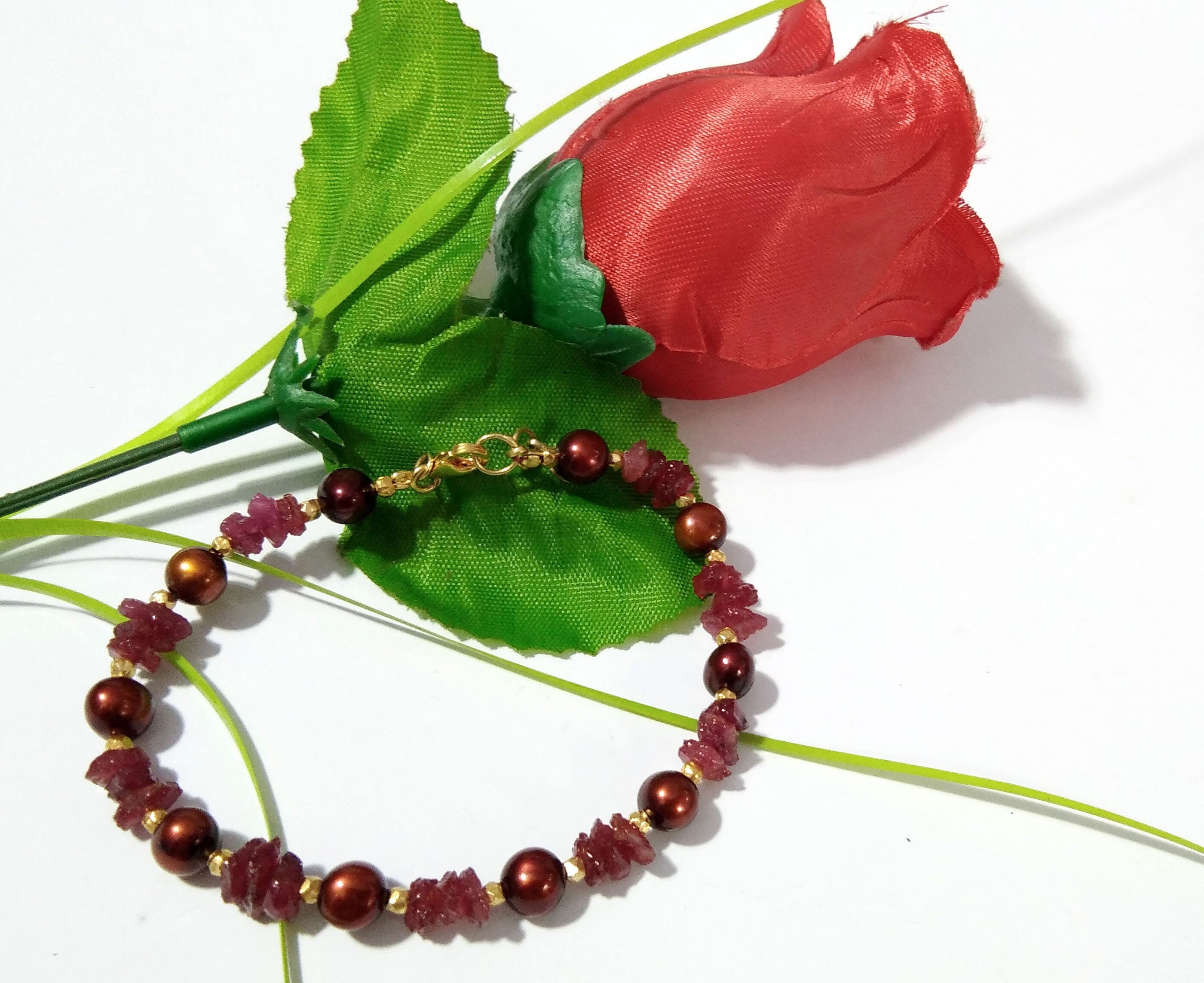 Awesome Natural Ruby Rough & Brown Pearl Bracelet, 925 Sterling Silver With Gold Plated Adjustable Bracelets, Handmade Making Pearl Bracelet